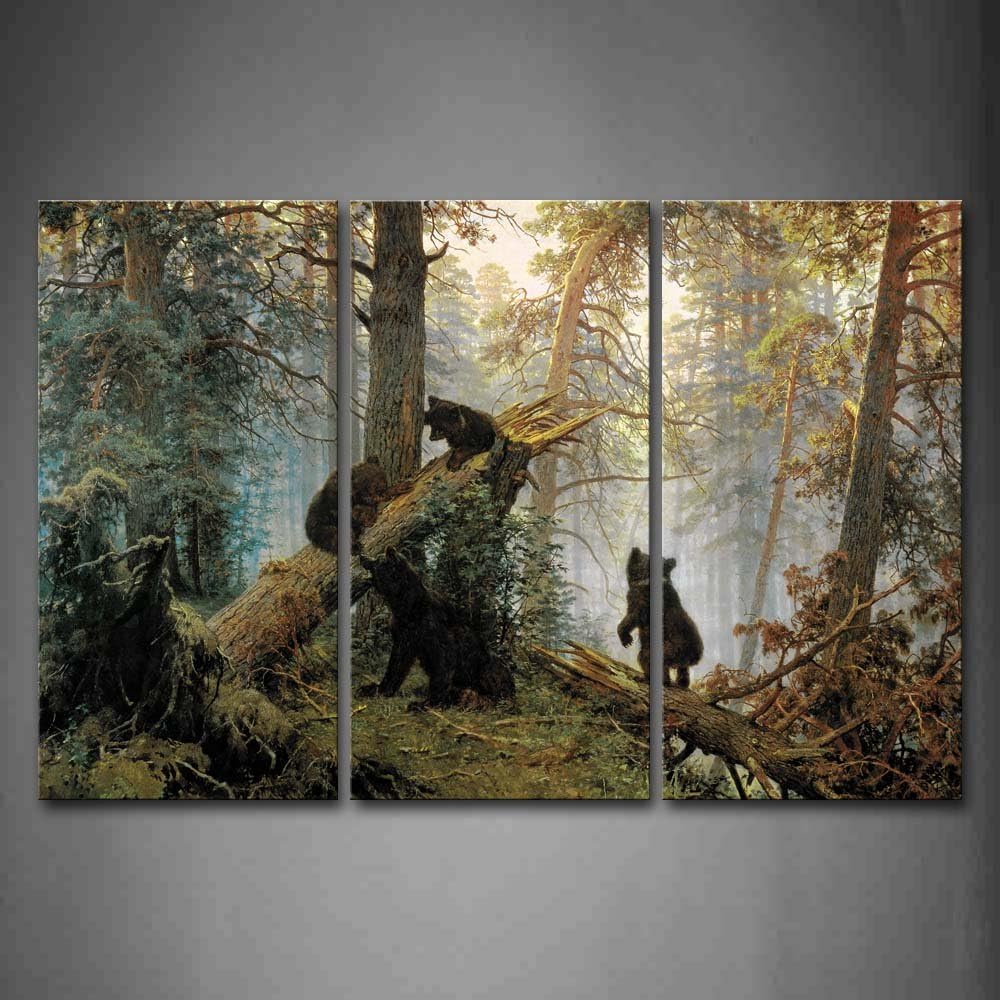 Arte de pared - Osos jugando en el bosque, lienzo, imágenes, animales, arte de pared, póster, 3 paneles, decoraciones modernas para sala de estar, oficina, cocina, baño, dormitorio