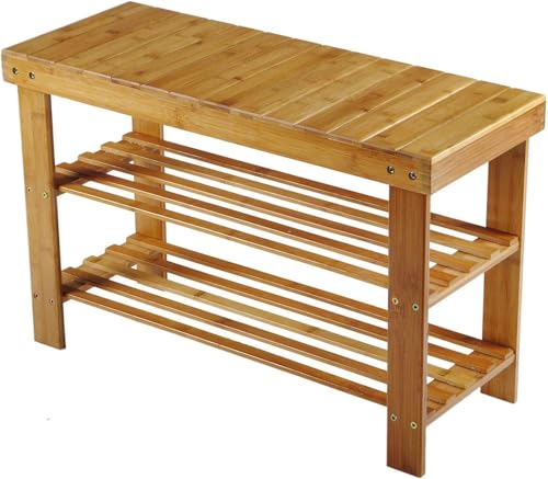 Zapatero de bambú Hossejoy, banco, zapatero, estante de baño, estante de bambú, 3 estantes - 70 x 45 x 28 cm (ancho x alto x profundidad)