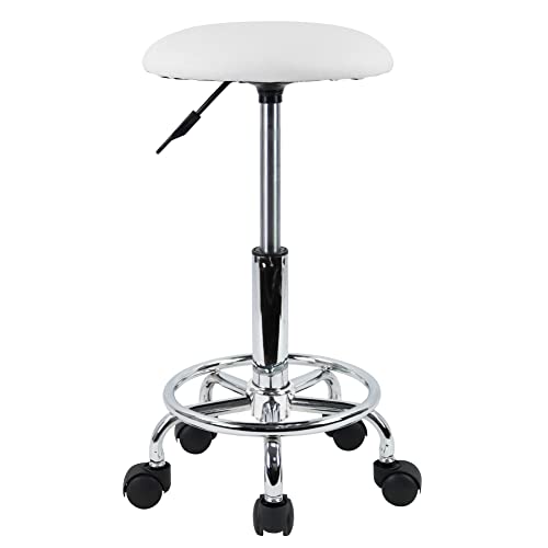KKTONER Taburete con Ruedas y reposapiés de Piel sintética Taburete de Trabajo Redondo Giratorio 360° Taburete de Oficina con Altura Ajustable 49-64cm Blanco