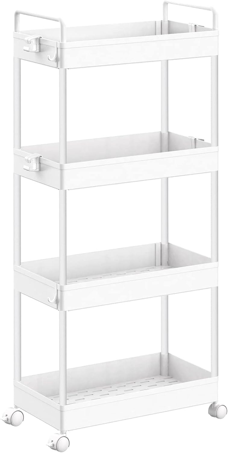 Carrito con ruedas SOLEJAZZ de 4 niveles, extraíble, para cocina, baño, lavandería, dormitorio y espacios estrechos. Plástico, blanco.
