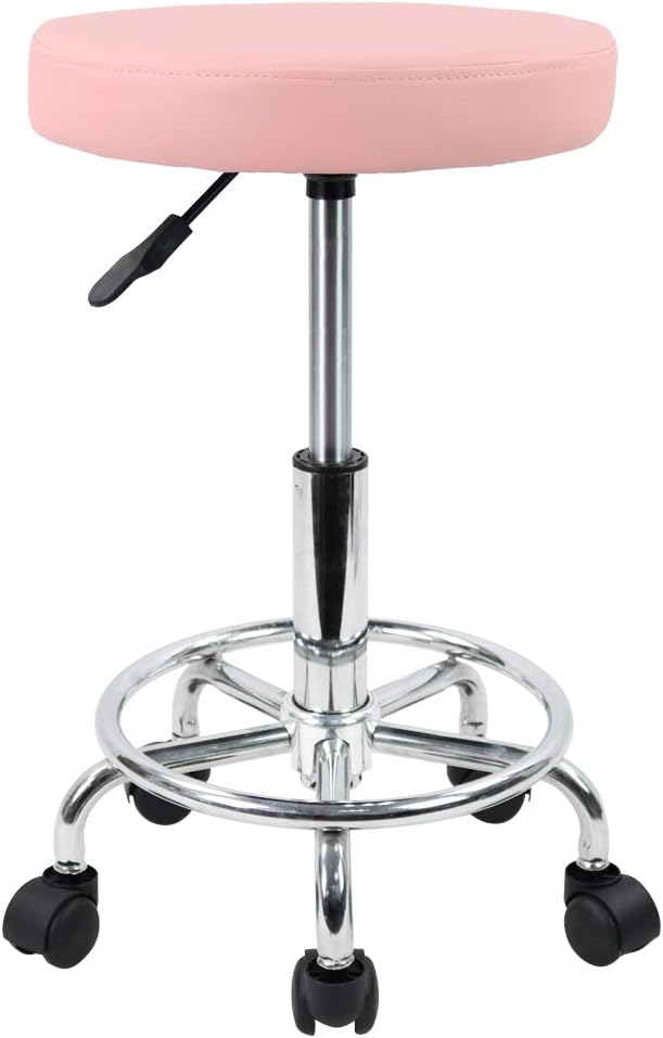 KKTONER Taburete Redondo de Cuero PU reposapiés Ajuste de Altura Giratorio Medical SPA salón taburetes de Masaje Silla de Trabajo Color Rosa