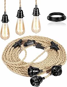 FRIDEKO HOME Lámpara colgante con enchufe, portalámparas E27 de 3 luces con cable, cable vintage con interruptor y enchufe de cuerda de cáñamo de 8,8 m, lámpara colgante DIY para comedor y dormitorio (bombilla no incluida)