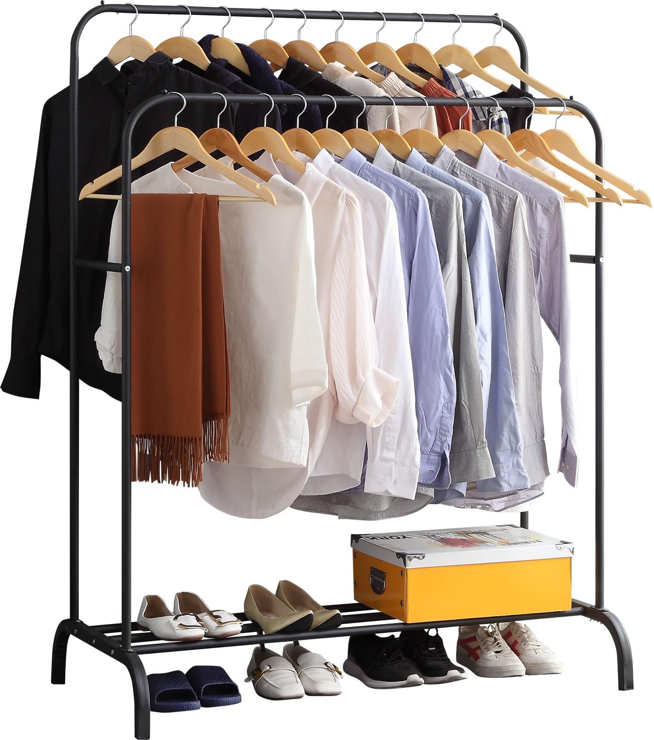 Perchero GISSAR, perchero de pie, perchero de doble barra, perchero multifuncional para dormitorio, color negro