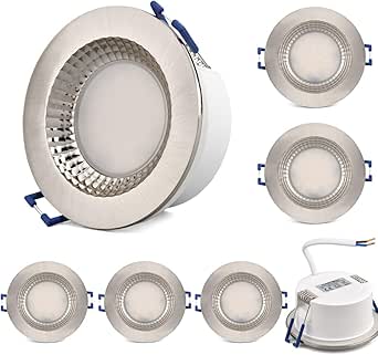 Foco empotrable LED KYOTECH ultraplano IP65 para baño, 6 W, 230 V, 500 lm, blanco cálido 3000 K, para ducha, baño, impermeable, níquel cepillado, paquete de 6