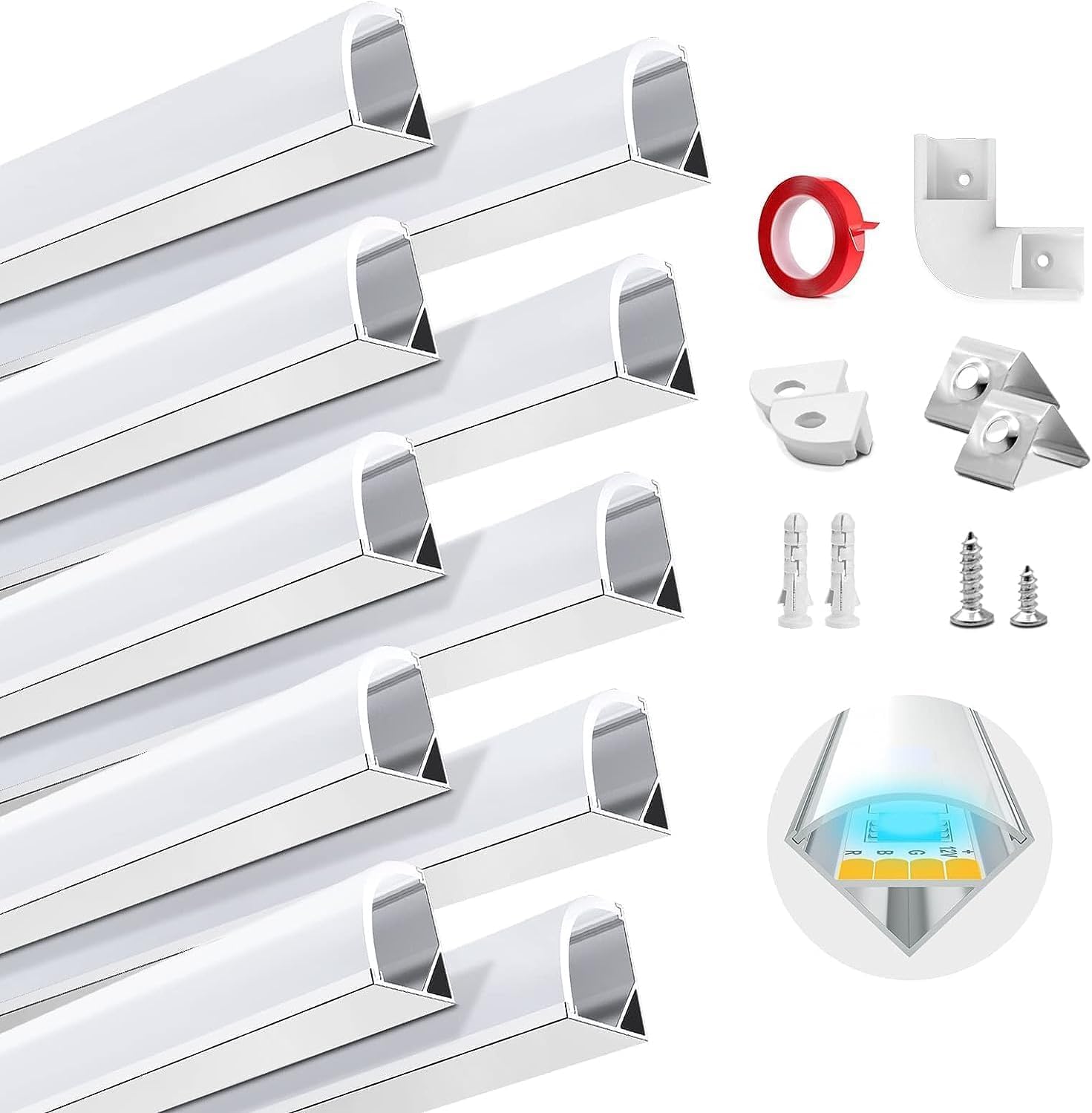 Perfil LED HOMMAND de 45 grados, perfil de aluminio LED en forma de V de 10 m, tiras LED en perfil de aluminio con conectores de esquina, adhesivo, tapas finales y clips de montaje, canal para tira LED y difusor, 10 x 1 m/3,3 pies
