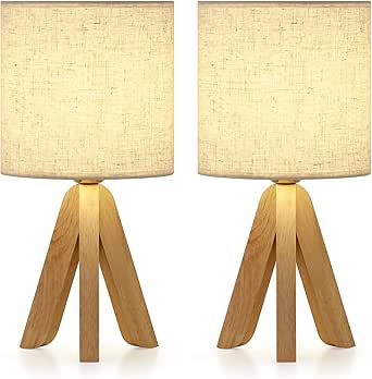 UOMIO - Juego de 2 lámparas de mesa con trípode de madera y pantalla de lino, lámpara de noche con interruptor de cable para dormitorio y salón - Luz decorativa blanca cálida (bombilla no incluida)