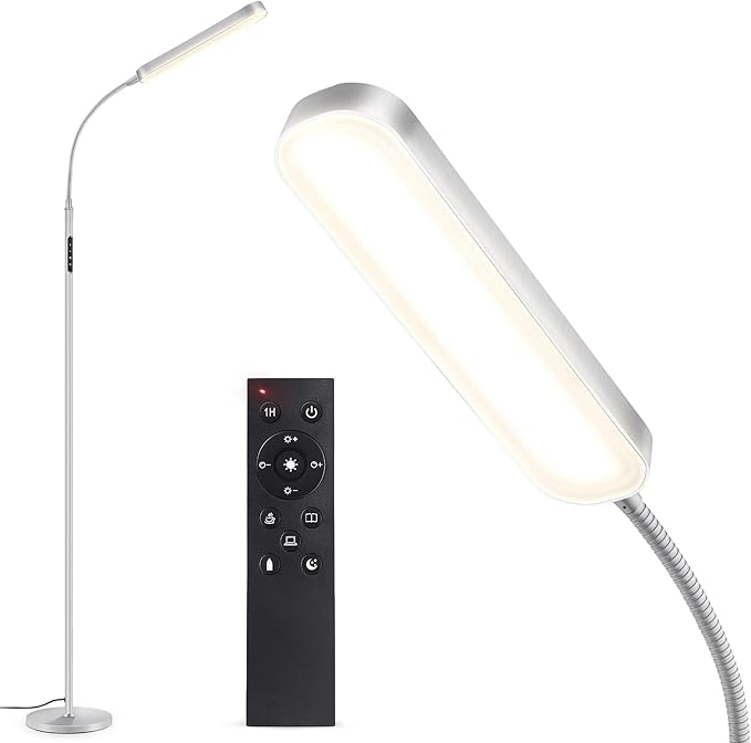 Lámpara de pie LED regulable OUTON de 15 W y 1500 lm, lámpara de lectura con 4 temperaturas de color, mando a distancia y control táctil, temporizador de 1 h, luz de lectura para salón, dormitorio y oficina, gris plateado.