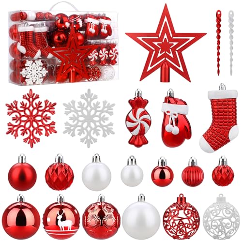 SOLEDI® Juego de 128 bolas navideñas de plástico premium rojas y blancas con estrella en la punta - Juego de decoración para árbol de Navidad robusto y seguro con presillas para colgar - Bolas navideñas coloridas, adornos navideños reutilizables