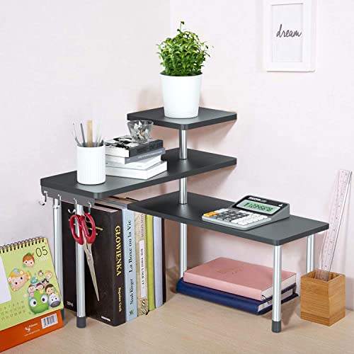 Estante de esquina Jolitac para cocina, estante de esquina, estante de cocina, estante para especias, estante para hierbas, estante para platos, estante de cocina, organizador de mesa, 3 niveles hecho de bambú con ganchos, para cocina, oficina, sala de estar, estudio (negro)