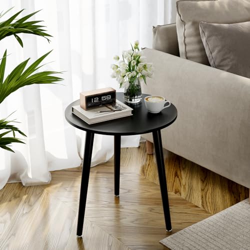 Mesa auxiliar APICIZON, mesa de centro redonda de Ø 42 cm, altura 51 cm, mesa de sofá con patas de madera maciza, estilo escandinavo, mesita de noche de madera para salón, dormitorio, color negro