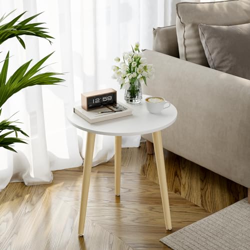 Mesa auxiliar APICIZON, mesa de centro redonda de Ø 42 cm, altura 51 cm, mesa auxiliar con patas de madera maciza, estilo escandinavo, mesita de noche/auxiliar de madera para salón y dormitorio, color natural/blanco
