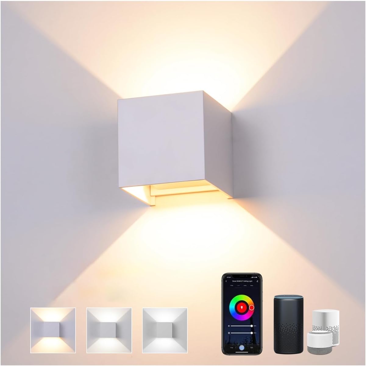 Aplique LED de pared para interiores, lámpara de pared inteligente para el hogar, regulable de 3000K a 6000K, controlable por aplicación, lámpara de exterior impermeable con ángulo de haz ajustable, color blanco.