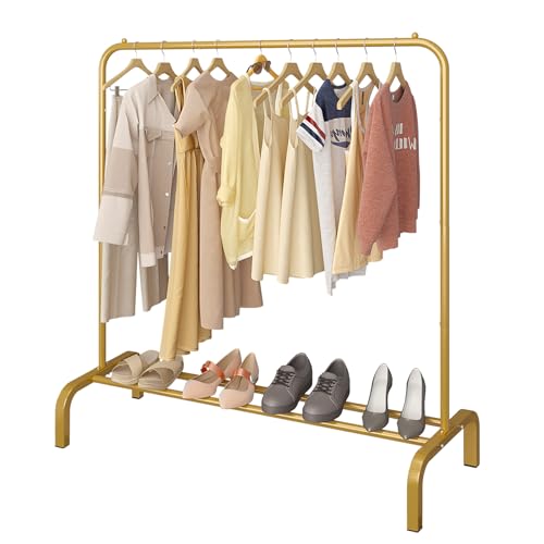 JIUYOTREE Perchero metálico de 110 cm con estante inferior para abrigos, faldas, camisas y suéteres, dorado