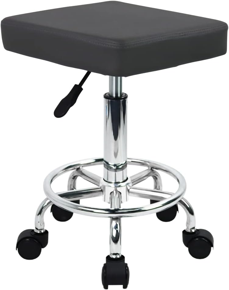 Taburete de salón cuadrado con ruedas WKWKER, giratorio y ajustable, para cocina, laboratorio, spa, hogar, oficina, masajes (gris)