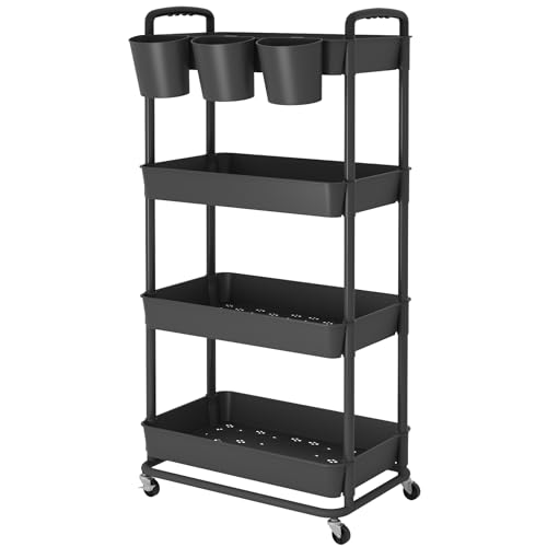 JIUYOTREE - Carrito de plástico con ruedas de 4 niveles, con tazas colgantes adicionales, asas y ruedas bloqueables para sala de estar, baño, cocina y oficina, color negro