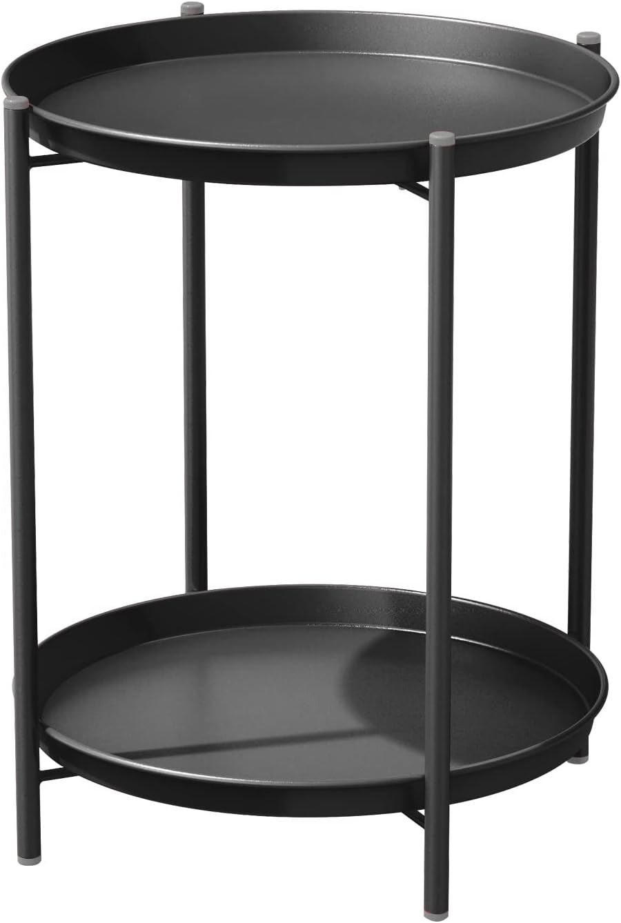 Mesa auxiliar redonda Grand Patio, mesa de centro, 2 niveles, para salón, dormitorio, jardín, mesa de sofá, mesita de noche, bandeja extraíble, fácil montaje, metal, 45 x 45 x 53 cm (negro)