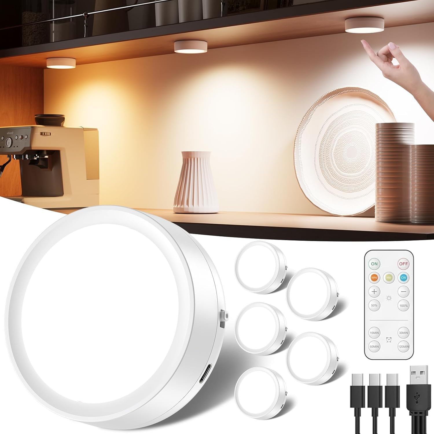Foco LED regulable Tedmos con batería y control remoto, iluminación para vitrinas recargable por USB de 2400 mAh, luz inalámbrica para debajo de los gabinetes, lámpara LED redonda táctil para cocina, a batería, luz adhesiva magnética.