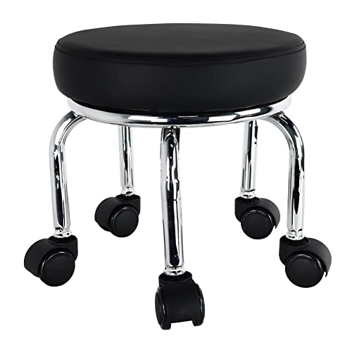 Taburete pequeño WKWKER con ruedas de piel sintética y asiento giratorio de 360°, bajo y redondo, con ruedas universales para el hogar, masajes, jardín, oficina, garaje, tienda, fitness, deportes, altura: 31,5 cm (negro)