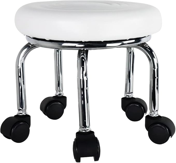 WKWKER Taburete moderno pequeño con ruedas de piel sintética, asiento giratorio de 360°, bajo y redondo, con ruedas universales para el hogar, masajes, jardín, oficina, garaje, tienda, fitness, deportes, altura: 30,5 cm (blanco)