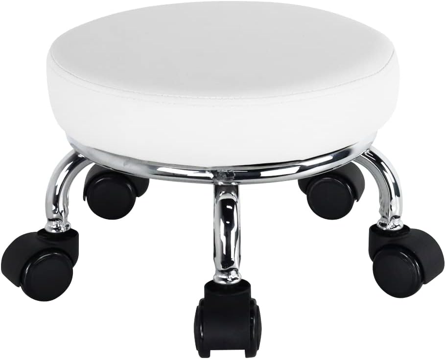 WKWKER Roller Seat PU Leather Low Round Rolling Stool Taburete pequeño con Ruedas giratorias universales para Home Office Garage Shop Fitness Sport, H: 21.8cm (Blanco)