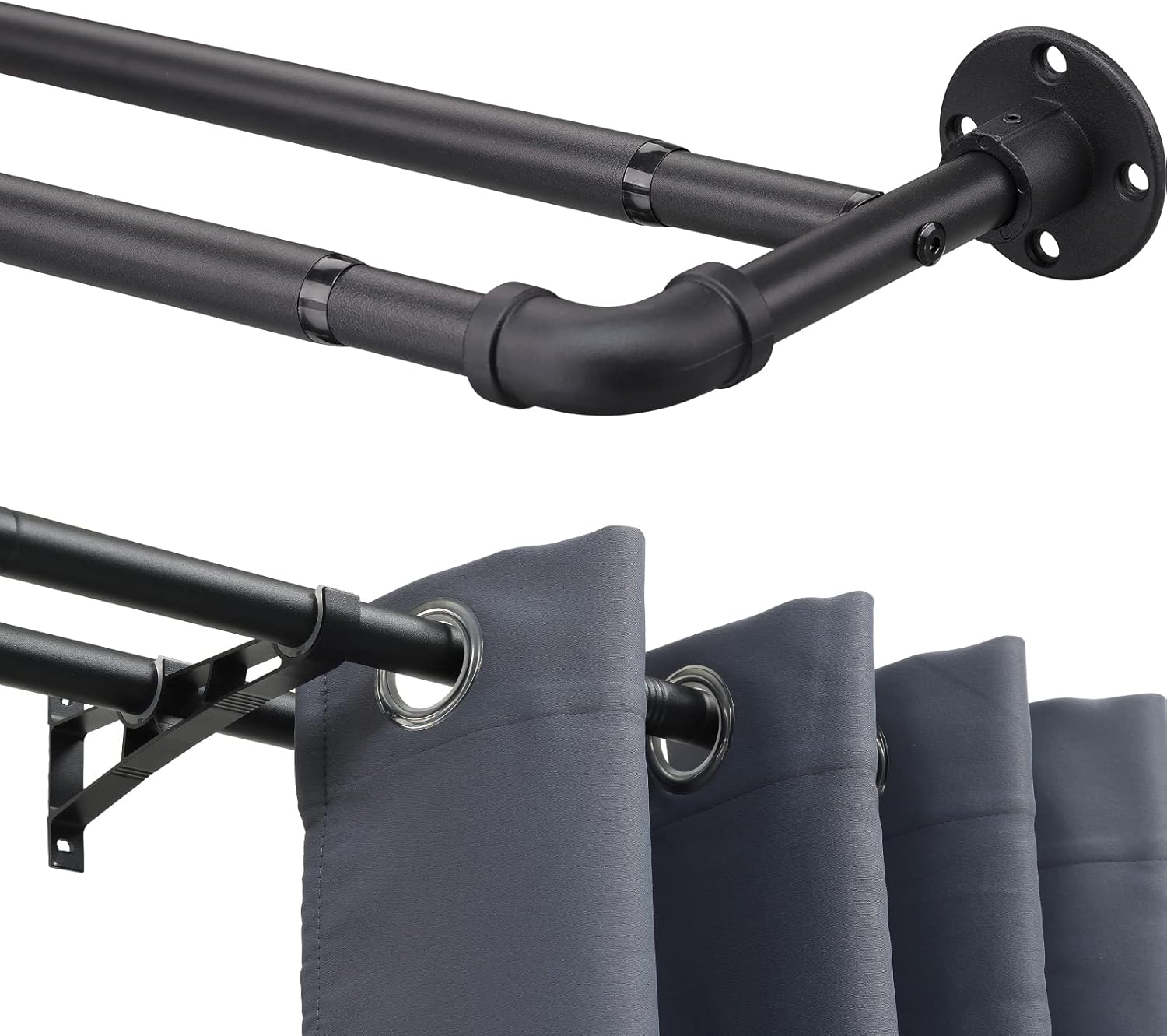 Barras de cortina dobles industriales INFLATION, color negro mate para ventanas de 74 a 132 cm, barras de cortina dobles envolventes de 2,5 cm para ventanas, juego de barras de cortina ajustables para sala de estar.