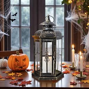 Faroles decorativos JHY DESIGN de ??30 cm de alto para exterior, candelabros vintage de metal para uso en interiores y exteriores, fiestas y bodas (negro con pincel dorado).