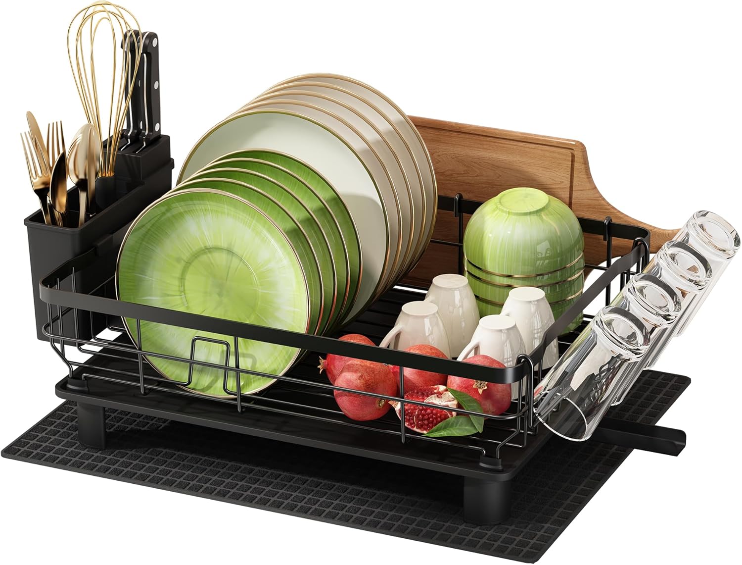 Escurreplatos Boosiny de acero inoxidable con soporte para utensilios, portavasos, soporte para tabla de cortar y tapete de drenaje adicional (negro)