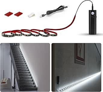 Tira LED WOBANE de 5 m con sensor de movimiento, iluminación recargable para escaleras con 2 sensores, funciona con pilas, iluminación LED para armarios de cocina, dormitorio, despensa y pasillo, blanco 6000 K