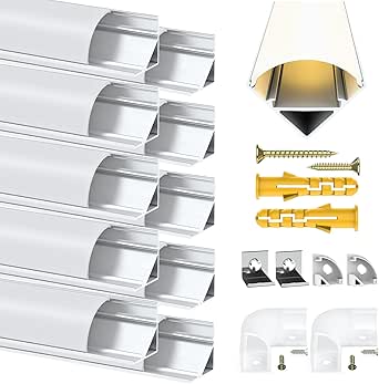 Perfil LED Angdarun, en forma de V, 12 unidades x 1 m, perfil de aluminio LED para tiras LED, perfil/canal de esquina LED, con cubierta blanca lechosa, conectores de esquina, clips de montaje para tiras LED (en forma de V, 12 unidades)