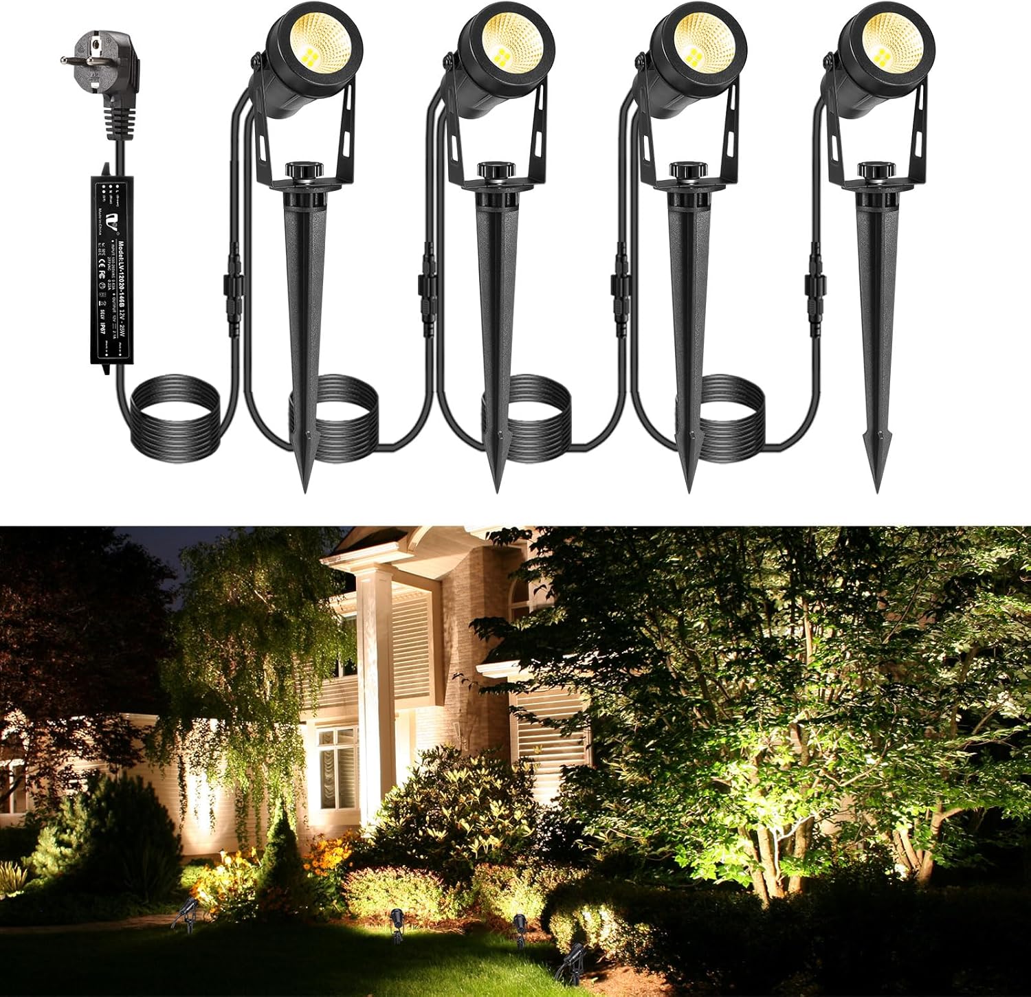 Focos LED para jardín ECOWHO, 12 V 3 W, con estaca y enchufe, resistentes al agua IP65, con cable para jardín y césped. (Blanco cálido, paquete de 4)