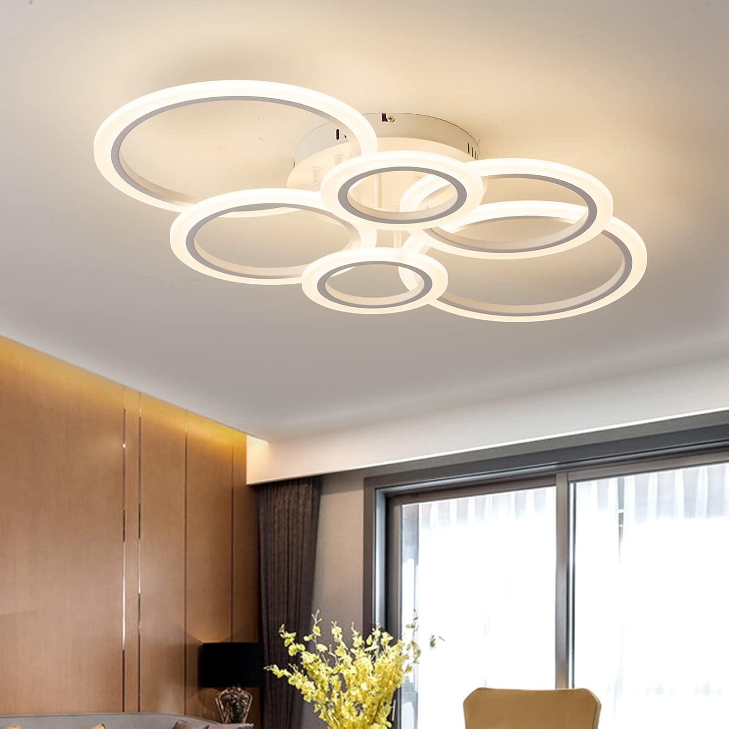 Lámpara de techo Narwhal de 62 W para sala de estar con control remoto y aplicación, lámpara colgante LED regulable en forma de anillo, iluminación de techo de diseño moderno para sala de estar, dormitorio y estudio.
