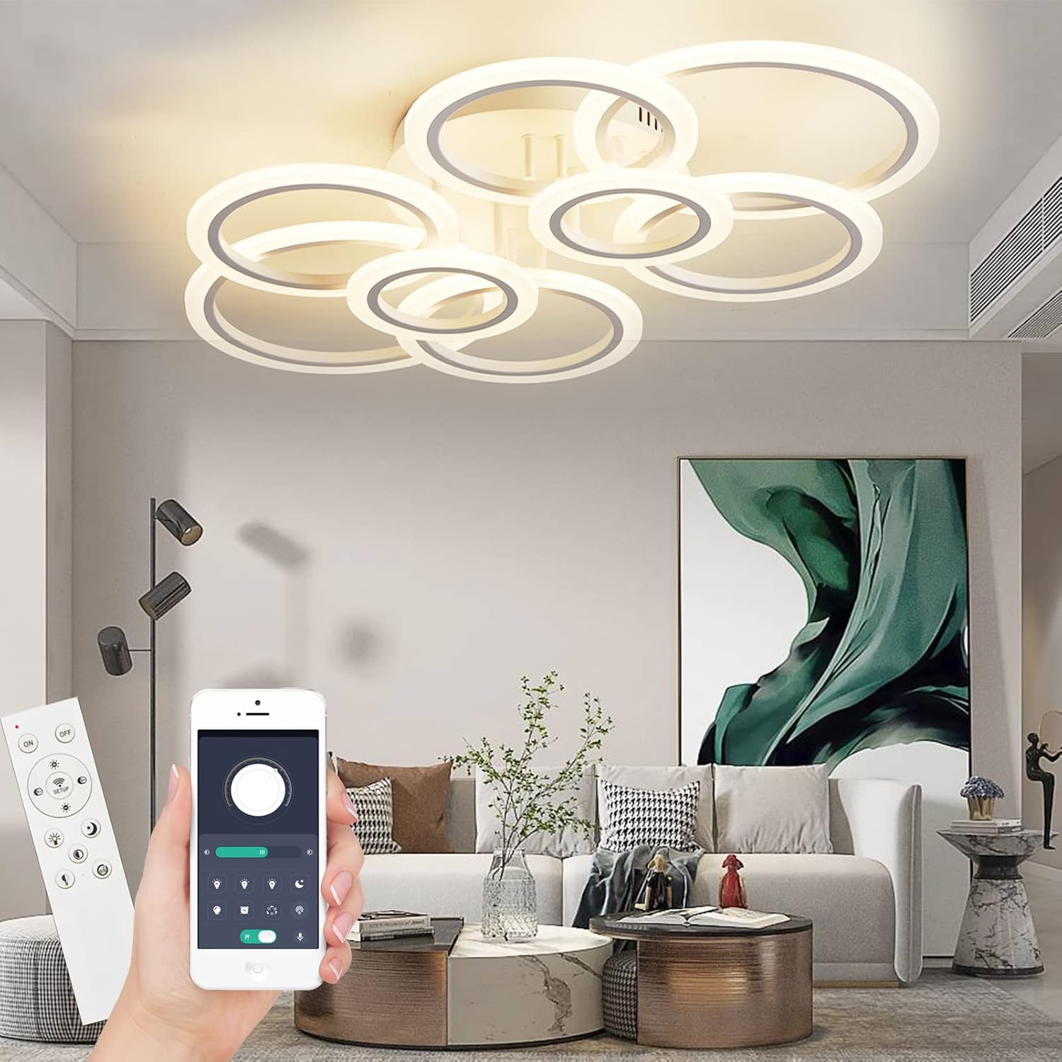 Lámpara de techo LED regulable Narwhal de 8 anillos, moderna, para sala de estar, con control remoto, memoria, temporizador, función y luz nocturna. Ideal para dormitorio, comedor, pasillo, oficina y balcón.