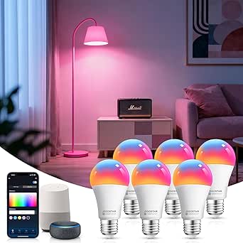 Bombilla inteligente Aigostar Alexa E27 SL2 de 9 W con WiFi, LED RGBCW 2700-6500 K, regulable, sincroniza con música, compatible con Alexa/Google Home, sin concentrador (paquete de 6)