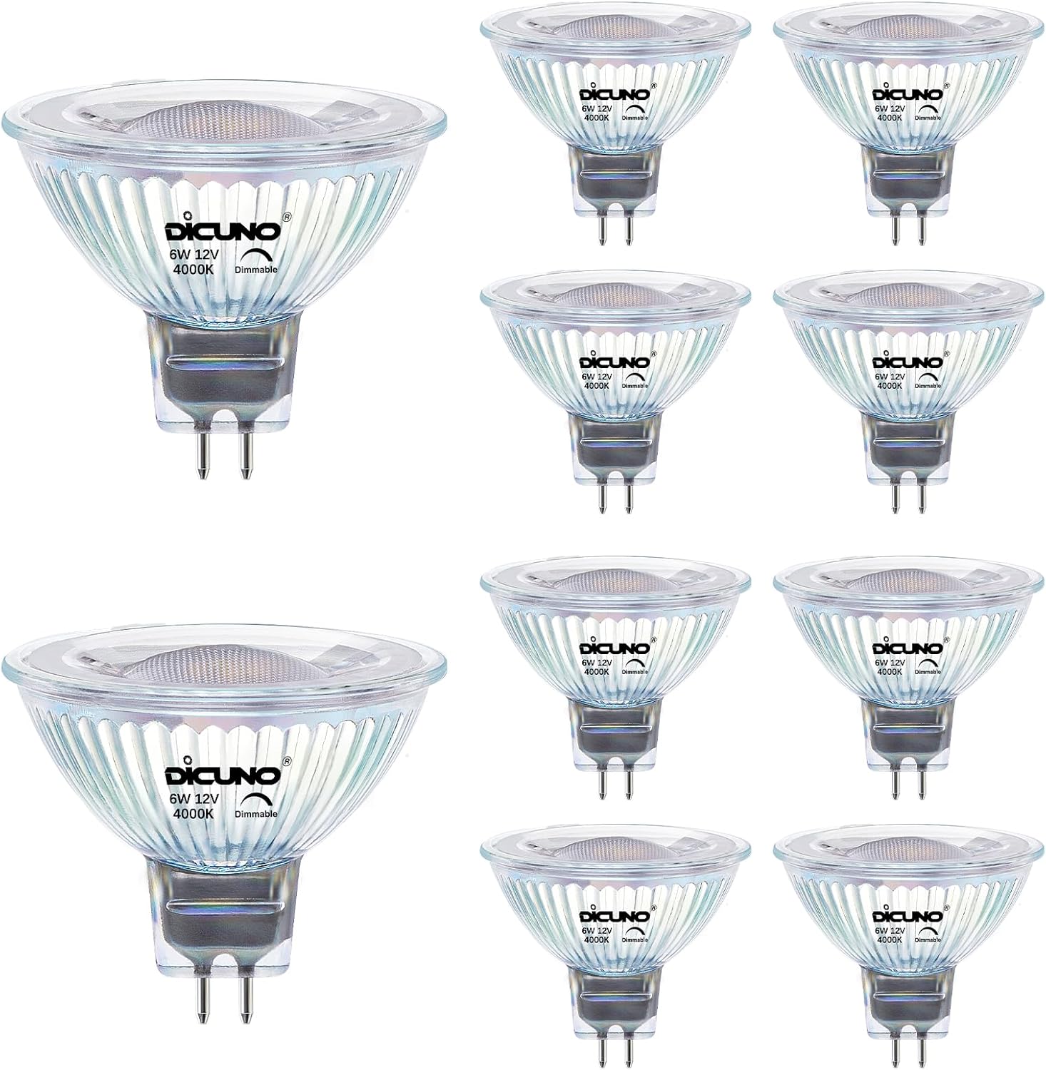 Lámpara LED regulable DiCUNO GU5.3 de 6 W, reemplaza focos halógenos de 60 W, foco LED MR16 blanco neutro 4000 K, 440 lúmenes, GU5.3 LED 12 V, foco empotrable con base bipin, ángulo de haz de 40°, CRI82, paquete de 10