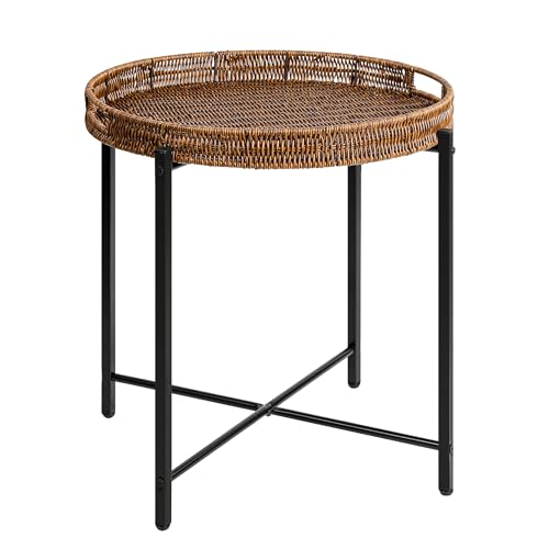 Mesa auxiliar redonda tejida DINGTAI de 48 x 50 cm, mesa de centro con bandeja extraíble, mesa auxiliar de sofá con patas ajustables