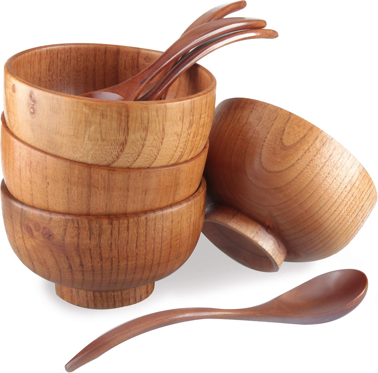 Cuencos de madera originales hechos a mano, cuencos japoneses de azufaifo con cuchara a juego para arroz, sopa, salsa, ensalada, té y decoración. 4 juegos (4 cuencos de 11,68 cm + 4 cucharas).