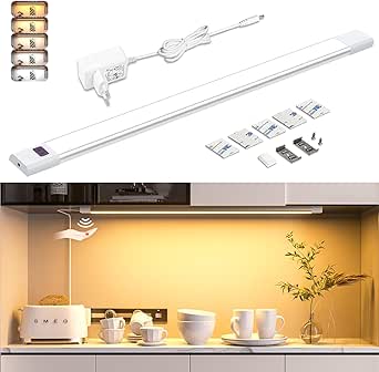 WOBANE - Lámpara LED ajustable para debajo de los gabinetes de cocina, 5 colores de luz, tira de 60 cm con sensor sin contacto, 12 V, iluminación LED para encimeras