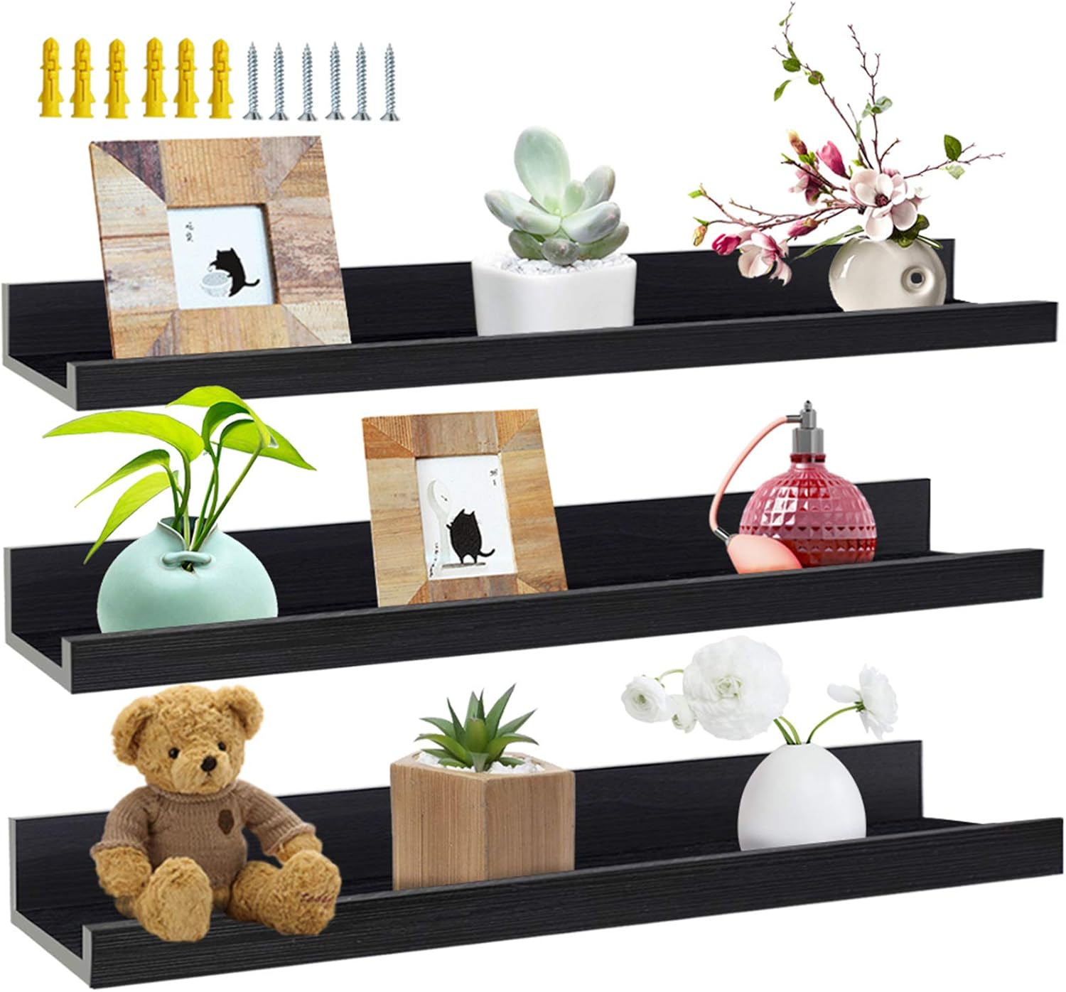 Estante de pared Giftgarden de 60 cm de largo, color negro, estante flotante para cuadros para sala de estar, cocina, habitación infantil, dormitorio u oficina, juego de 3 piezas de diferentes tamaños