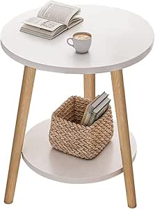 Mesa auxiliar KZOBYD con 2 estantes, mesa de centro redonda con espacio de almacenamiento, mesa de sofá de 2 niveles con estantes redondos, mesita de noche de madera con estructura de acero, 38 x 55 cm (sin estación de carga, blanca)