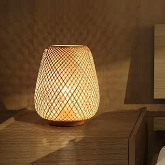 GUANSHAN Lámpara de mesa con farolillo de bambú, lámpara de noche, luz de noche de estilo japonés, lámpara de mesa decorativa, iluminación de mesa, pantalla de bambú para dormitorio, sala de estar, regulador de intensidad