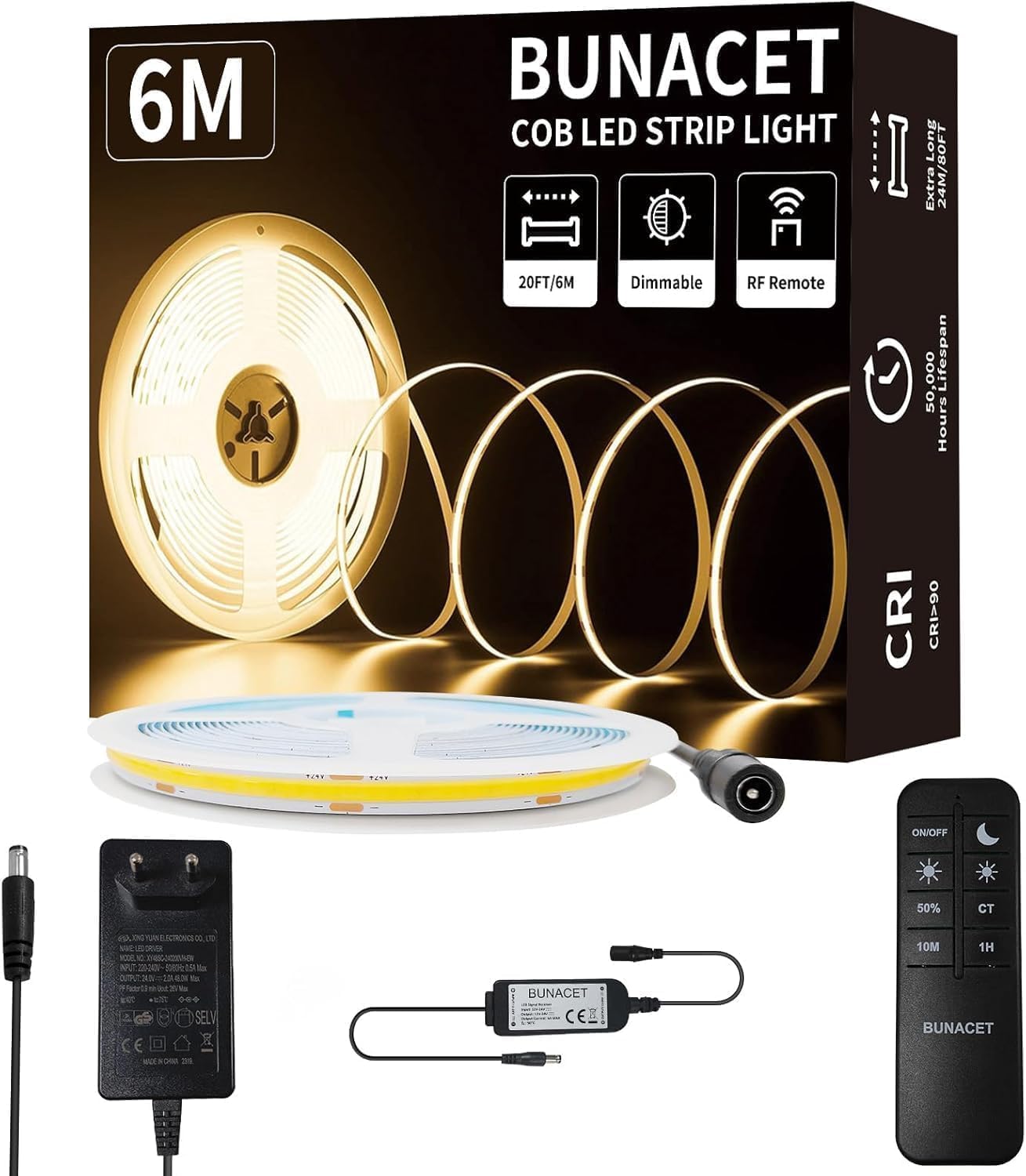 Tira de luces LED COB BUNACET de 6 m, 24 V, regulable, blanco cálido 3000 K, 2880 LED, con fuente de alimentación y control remoto RF para cocina, dormitorio, salón, armario, espejo e interior.