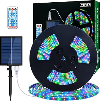 Tira LED solar para exteriores, 10 m, SMD 5050, RGB, cambio de color, impermeable IP67, decorativa, para patio, árboles y jardín.