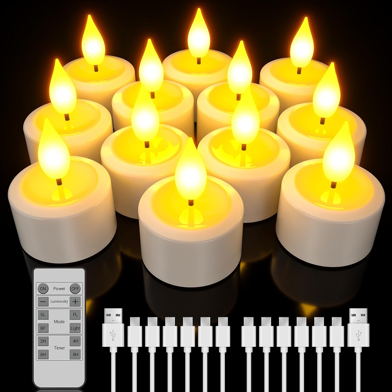 Paquete de 12 velas LED recargables PChero con temporizador, sin llama, parpadeantes, regulables, con control remoto y cable de carga USB-C de 6 puertos para decoración del hogar, habitación, Halloween, Navidad y fiestas.