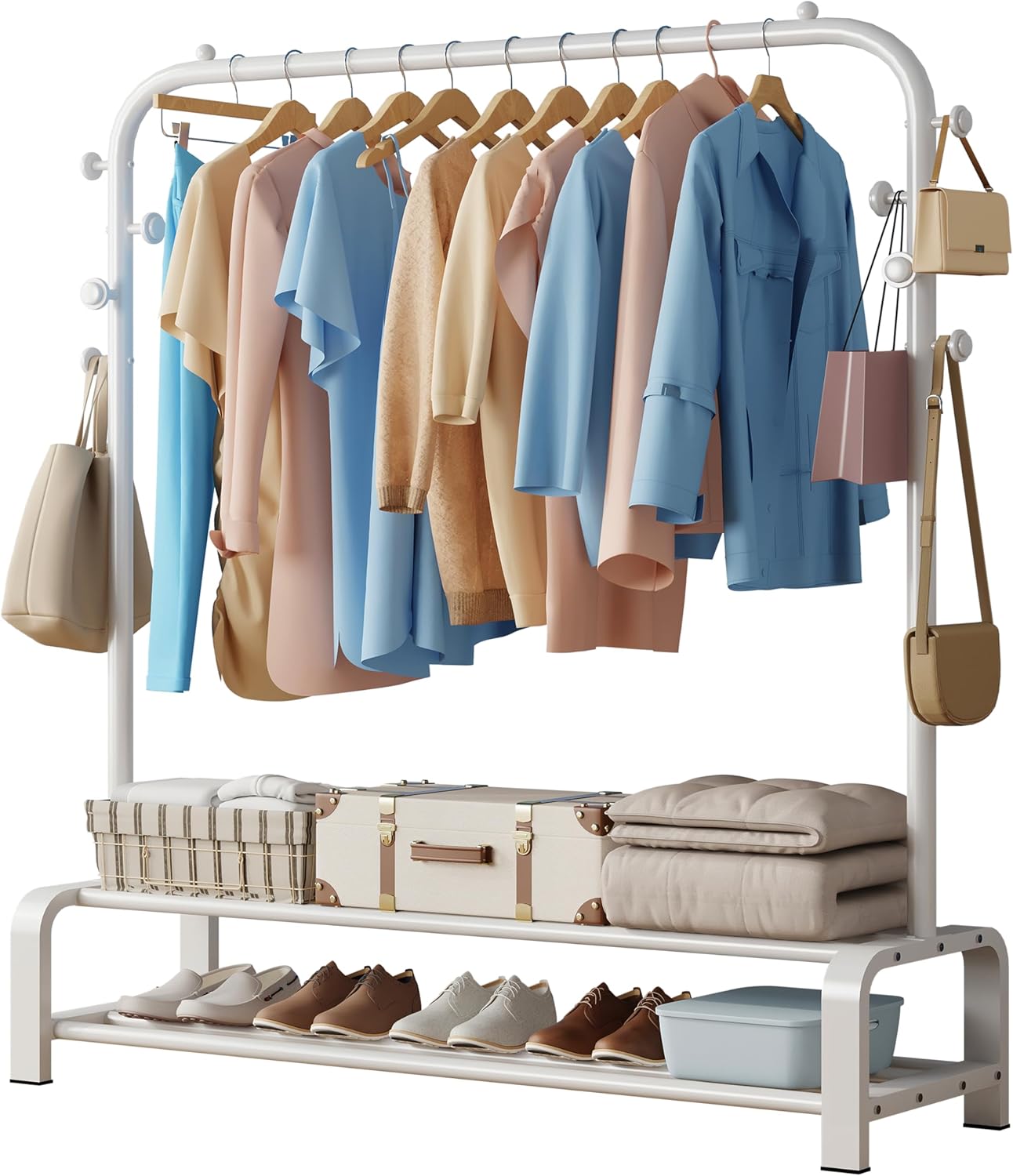 Perchero SMILOVII, barra estable con 6 ganchos y 2 zapateros, perchero para dormitorio, percha independiente, color blanco