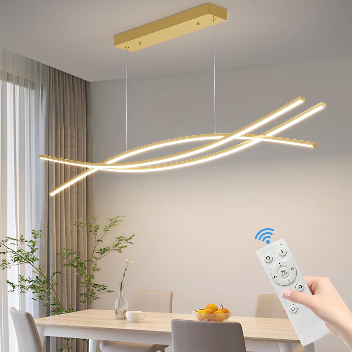 Lámpara colgante LED Mikeru para comedor, 48W 120cm, color dorado, lámpara colgante moderna para mesa de comedor, lámpara colgante lineal para cocina, regulable con control remoto, ajuste de temperatura de color del 10% al 100%, lámpara de comedor