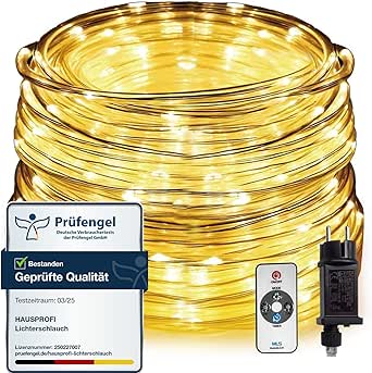 Tubo de luz exterior HAUSPROFI de 30 m y 600 LED, con alimentación de red, luz blanca cálida, IP44 resistente al agua y regulable con mando a distancia, ideal para iluminación de jardín, balcón y Navidad, Ø5 mm.