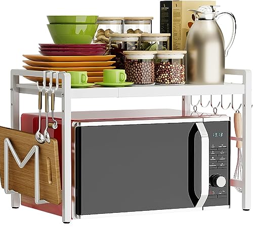 Estante expandible para microondas devesanter de 2 niveles con 6 ganchos, organizador de cocina para encimera, extensible de 40 a 64 cm, color blanco