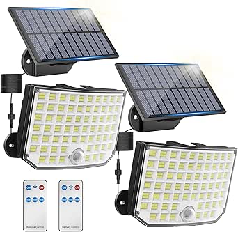 Kagoling - Luces solares para exteriores (256 LED, 3 modos, con sensor de movimiento, IP65, resistente al agua, ángulo de haz de 180°, luz de pared solar con cable de 5 m para jardín, patio y garaje, paquete de 2)
