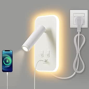 Lámpara de lectura LED AWEKLIY, lámpara de pared, carga USB con interruptor, lámpara de lectura de pared ajustable, lámpara de noche, luz de pared interior, luz de lectura giratoria para dormitorio, 3W 3100K + 9W 6000K, con enchufe y cable, blanco