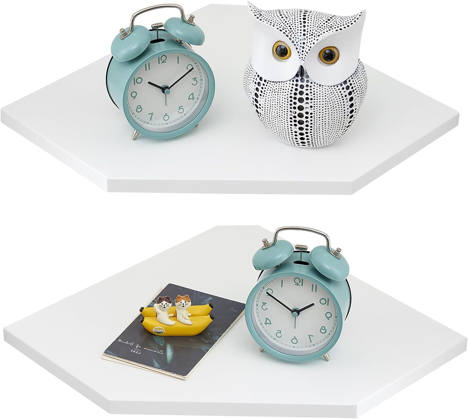 Gieanoo Estantería esquinera colgante, color blanco, juego de 2 unidades de madera maciza de roble, estantería de pared, estilo rústico, para dormitorio, salón, forma de diamante con agujero de